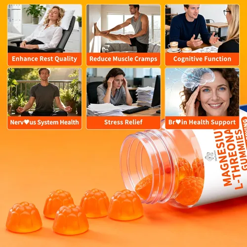 Vista 4 de Paquete de 2 gomitas de L-treonato de magnesio de 1000 mg para niños y adultos, treonato de magnesio de alta absorción con L-teanina vitamina D3