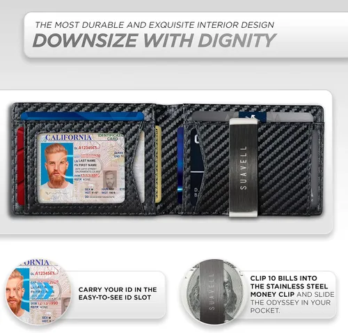 Vista 10 de Suavell Billeteras delgadas de cuero para hombres. Cartera con clip para dinero. Cartera de perfil bajo RFID Cartera minimalista