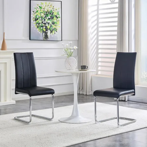 Vista 12 de Juego de 2 sillas de comedor, sillas de comedor tapizadas con respaldo alto negro con patas de metal cromado, sillas laterales de cocina modernas