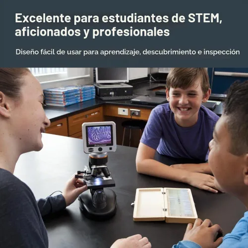 Vista 2 de Celestron – Microscopio digital LCD II – Pantalla de 3.5" – Cámara de 5MP – Aumento de 40x–1600x – Cabezal giratorio – Tarjeta SD incluida – Salida