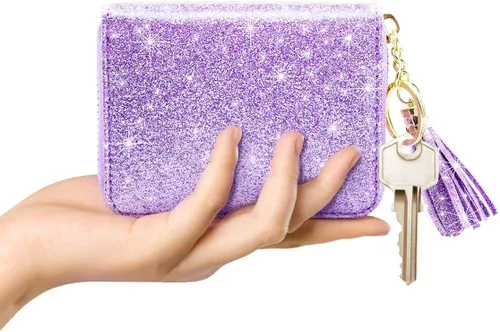 Vista 3 de Billetera pequeña para tarjetas de crédito RFID con purpurina linda para mujer