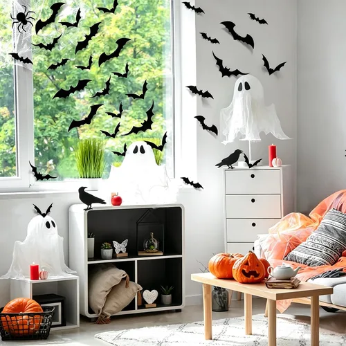 Vista 8 de LUDILO 120 piezas de decoraciones de murciélagos de Halloween, decoraciones de pared de Halloween, calcomanías de pared de PVC 3D, calcomanías
