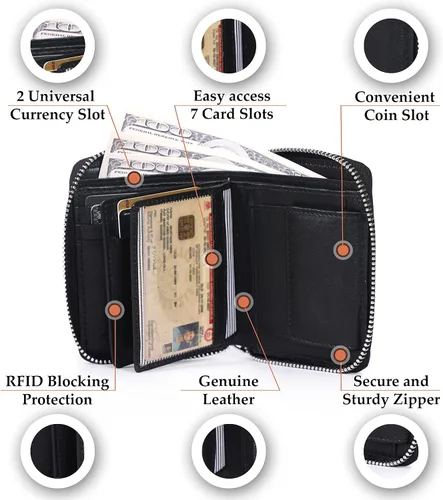 Vista 4 de Cartera de piel auténtica con triple pliegue y cremallera alrededor para hombres Horinzontal Cartera vertical con cremallera y tarjetero Regalo