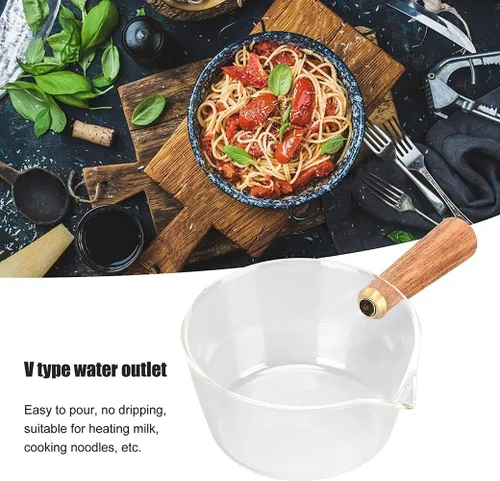Vista 3 de Cacerola de vidrio transparente, mini olla resistente al calor con mango de madera, juego de utensilios de cocina de vidrio para ramen, olla