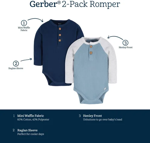 Vista 6 de Gerber Paquete de 2 mamelucos Henley de manga larga para bebé niño