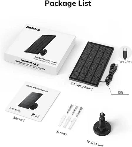 Vista 7 de ZUMIMALL Panel solar de 3 W para cámara de exterior inalámbrica, X2/X1/F5, panel solar impermeable IP66 con cable de carga tipo C de 10 pies, fuente