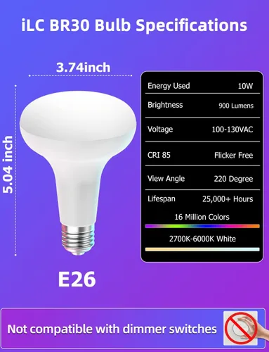 Vista 9 de Paquete de 12 bombillas LED empotradas BR30, 16 millones de colores RGB, control Bluetooth APP BRmesh APP 2700K-6000K blanco sintonizable, base E26