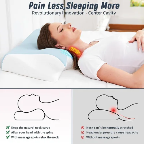 Vista 3 de Almohadas de cuello de espuma viscoelástica para aliviar el dolor, durmientes en cama, estómago, mejor hombro ortopédico cervical ergonómico