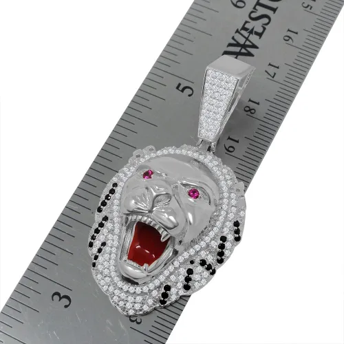 Vista 4 de Juego de cadena con dije de cabeza de león y diamantes de imitación de plata de ley real multicolor Plata esterlina circonita