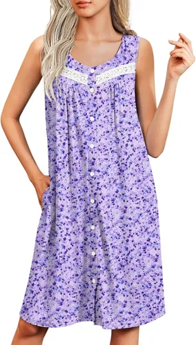 Vista 15 de Ekouaer Camisones para mujer, con botones, sin mangas, suave, con bolsillos, tallas S-XXXL