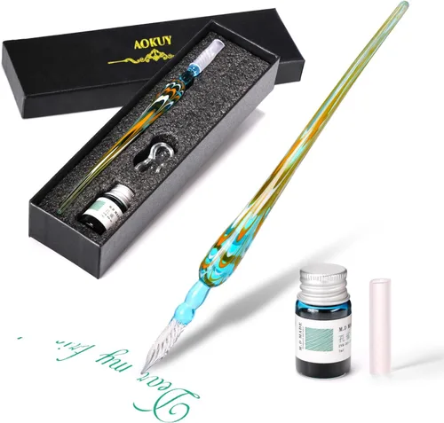 Vista 6 de Juego de plumas de inmersión de vidrio, pluma de caligrafía, pluma de firma de cristal para arte, escritura, firmas, decoración y regalo de negocios