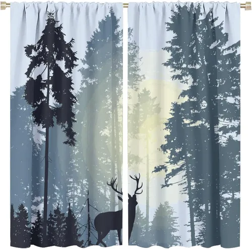 Vista 31 de Cortinas opacas con diseño de ciervos, bosque brumoso, rústico, vida silvestre, alce, montaña, pájaros, pino, bosque, cortinas de ventana