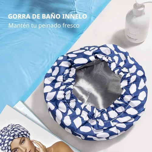 Vista 7 de Gorro de ducha de lujo para mujeres, reutilizable, impermeable, gorro de ducha de doble capa con correa elástica ajustable, gorro de baño grande