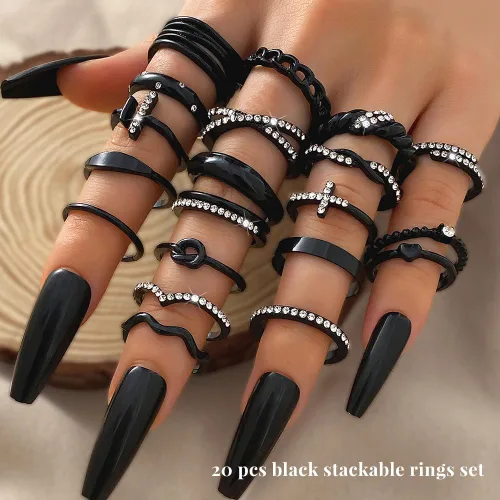 Vista 2 de KISS WIFE Juego de anillos dorados, plateados y negros para nudillos, para mujeres, delicados, simples, modernos, apilables, perfectos para apilar