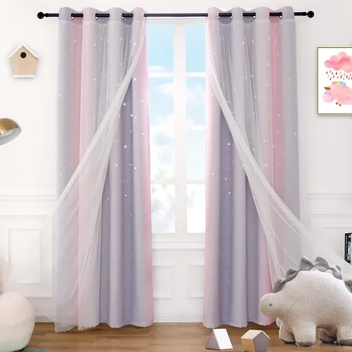Vista 9 de Anjee Cortinas de estrellas para niñas, estilo recortado, 2 en 1, de doble Azul/Púrpura/Amarillo