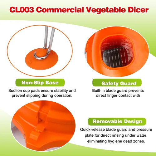 Vista 5 de CL003 Dicer comercial de verduras, CL003 Cuber manual de mesa resistente 1/4 "x 1/4" cortador de preparación de alimentos naranja herramienta