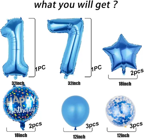 Vista 2 de Globos, 11 globos de aluminio para niños de 17 años para suministros de fiesta de cumpleaños de 17 años, globos de confeti, globos de fiesta de Azul