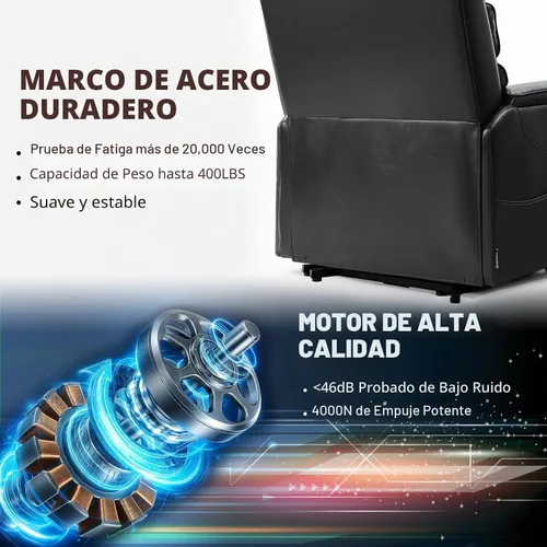 Vista 8 de EONIX Silla Reclinable Eléctrica de Doble Motor Completamente Reclinable para Ancianos, Sillas Elevadoras Eléctricas de Cuero Sintético para Negro