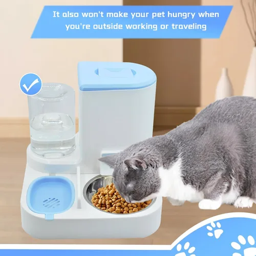 Vista 2 de Juego de dispensador automático de alimentos y agua para gatos, 2 en 1, comedero de gravedad todo en uno con tazón de comida para gatos de acero