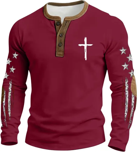 Vista 9 de Camisa Henley con la bandera estadounidense para hombre, cuello en V, manga larga, con estampado de Jesús, camiseta patriótica casual con botones