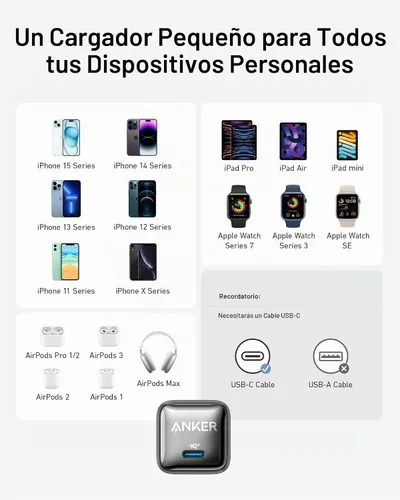 Vista 6 de Anker 20W Nano Pro USB C Bloque de cargador, cargador rápido compacto con Negro