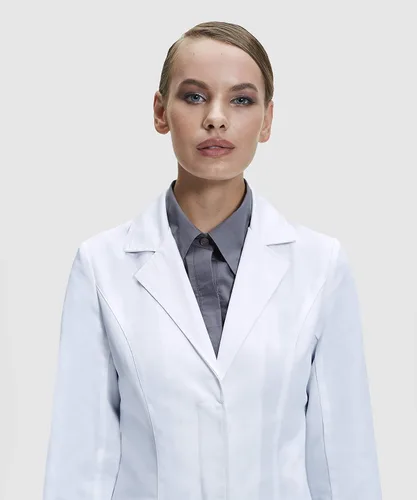 Vista 5 de Dr. James Abrigo de laboratorio para mujer, ajuste a medida, diseño femenino, blanco, 33 pulgadas de largo