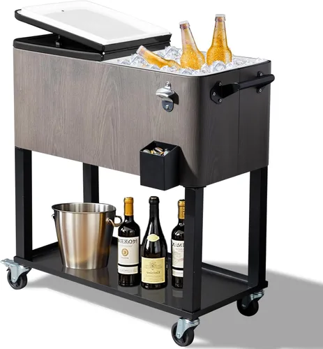 Vista 12 de SSLine - Hielera portátil con ruedas para patio, con ruedas, para exteriores, bar de bebidas frías, carro con estante de almacenamiento