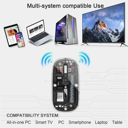 Vista 3 de Ratón inalámbrico, mouse de computadora con conectividad de modo dual (2.4G + BT5.2), mouse óptico con carcasa transparente, batería recargable