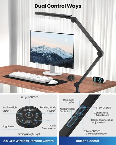 Vista 5 de Lámpara de escritorio LED con abrazadera, luz de escritorio de arquitecto de doble luz ultra brillante con brazo oscilante ajustable, 4 modos