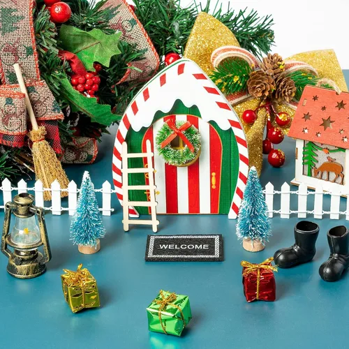Vista 5 de Haooryx Miniaturas de jardín de elfos de Navidad, 16 piezas de madera de Navidad en miniatura mágicas de hadas, kit de decoración de puerta mágica