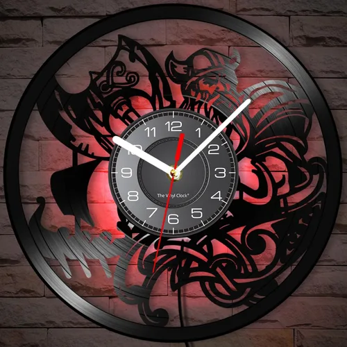 Vista 5 de Reloj de pared de vinilo LED vikingo de 12 pulgadas con 7 colores cambiantes, cuarzo silencioso sin tictac, arte de pared vikingo para hombre