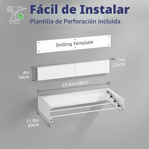 Vista 2 de ZMBESUP Estante de secado de ropa plegable, para montar en la pared, estante de secado de pared retráctil, 23.6 pulgadas de ancho, 4 varillas