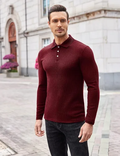 Vista 7 de COOFANDY Camisetas de punto de manga larga para hombre, estilo casual, ajustadas