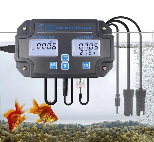 Vista 7 de Probador inteligente de calidad del agua 6 en 1 pH/EC/TDS/Salinidad/S.G y medidor de temperatura con monitor continuo Wi-Fi Medidor de agua de pH