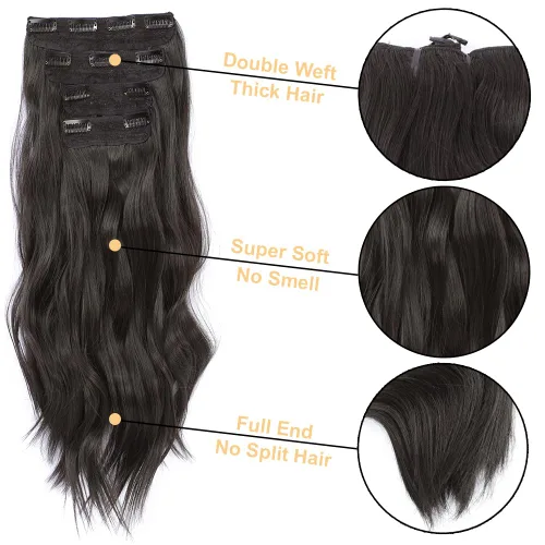 Vista 3 de Extensiones de cabello ondulado largo con clip, 4 piezas de extensiones de cabello sintético grueso con clip, para mujer (#4)