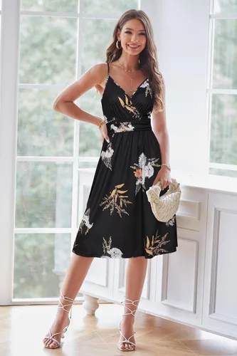 Vista 6 de Ouges Vestido corto de verano para mujer, con cuello en V, tirantes delgados, estampado floral y bolsillos, de fiesta