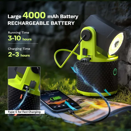 Vista 3 de CLAKAP Linterna LED para campamento, linterna recargable de 3000 lúmenes, linterna giratoria de 180°, luz de campamento portátil con cargador