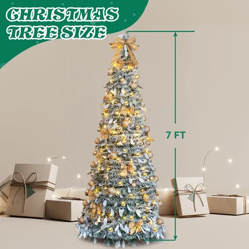 Vista 6 de Árbol de Navidad desplegable de 7 pies con luces, árbol de Navidad plegable preiluminado con 170 luces blancas cálidas y 8 modos intermitentes Verde