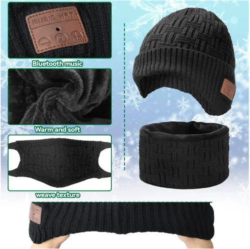 Vista 5 de Juego de gorro de música inalámbrico, gorro de invierno, gorro Bluetooth con cubiertas para las orejas, guantes antideslizantes para pantalla