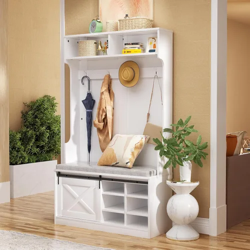 Vista 5 de ROOMTEC Árbol de entrada con banco y almacenamiento de zapatos, perchero con estante 4 ganchos, banco tapizado de almacenamiento de zapatos