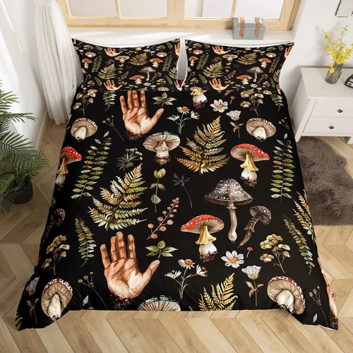 Vista 8 de Juego de funda de edredón con estampado de rana para niños, juego de ropa de cama Kawaii para decoración de habitación, diseño de hongos y rana