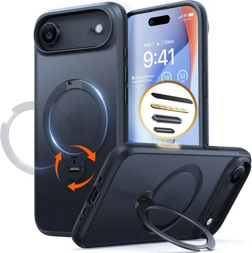 Vista 12 de TORRAS Soporte magnético giratorio 360 mejorado para iPhone 15 Pro, compatible con MagSafe, soporte integrado y soporte de anillo, protectora