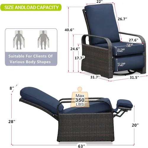 Vista 3 de Art to Real - Silla reclinable de mimbre para exteriores con cojines de 5.5 pulgadas, sillas de descanso ajustables automáticas, silla reclinable