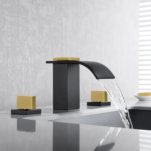 Vista 3 de SUMERAIN Grifo de Baño de 8" Generalizado de 3 Agujeros con Cascada, Grifo de Lavabo en Acabado Negro y Dorado