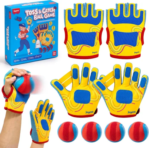 Vista 10 de JoyCat Juego de pelota para lanzar y atrapar con 2 guantes ajustables, 2 bolas adhesivas suaves y bolsa de transporte, juego de guantes de béisbol