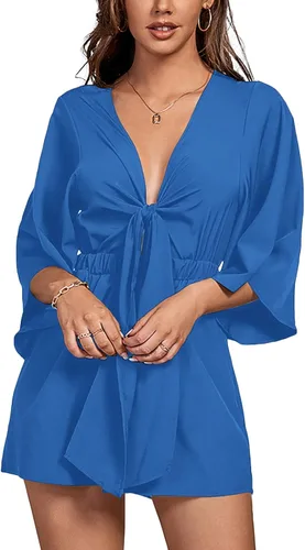 Vista 3 de LYANER Mono de mujer con cuello en V profundo, nudo de media manga