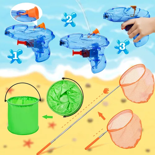 Vista 4 de Paquete de 14 redes telescópicas de mariposa plegables y pistola de agua, juego de coloridas redes de insectos de pesca, herramientas al aire libre