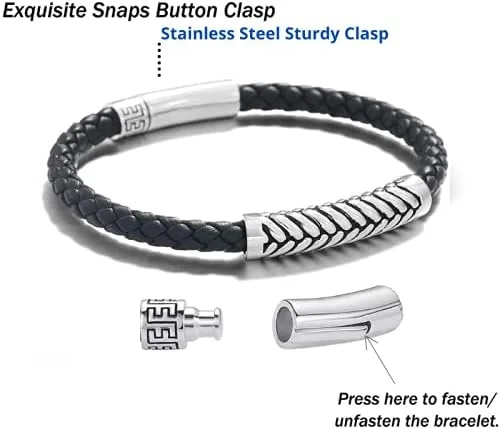 Vista 5 de FANCIME Footmark 925 Sterling Silver Herringbone Pattern Genuine Mens Leather Bracelet Braided Rope Spiritual Energy Charm with Push Button Locking