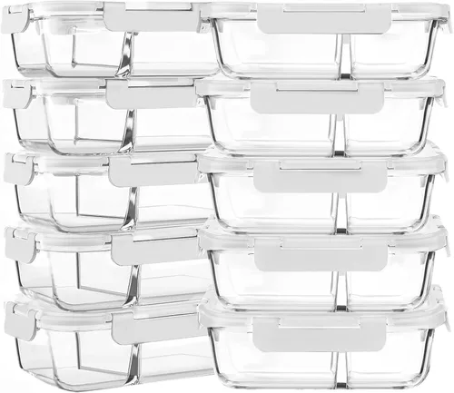 Vista 8 de M MCIRCO - Paquete de 10, 30 onzas, 2 compartimentos de vidrio para preparación de comidas con tapas Divided Glass Food Storage Containers