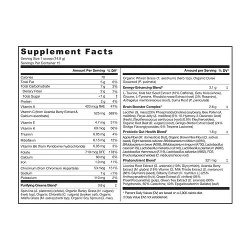 Vista 2 de Genuine Health Greens + Extra Energy Superfood Powder, proporciona un impulso de energía inmediato y apoya la salud intestinal, sabor a chocolate